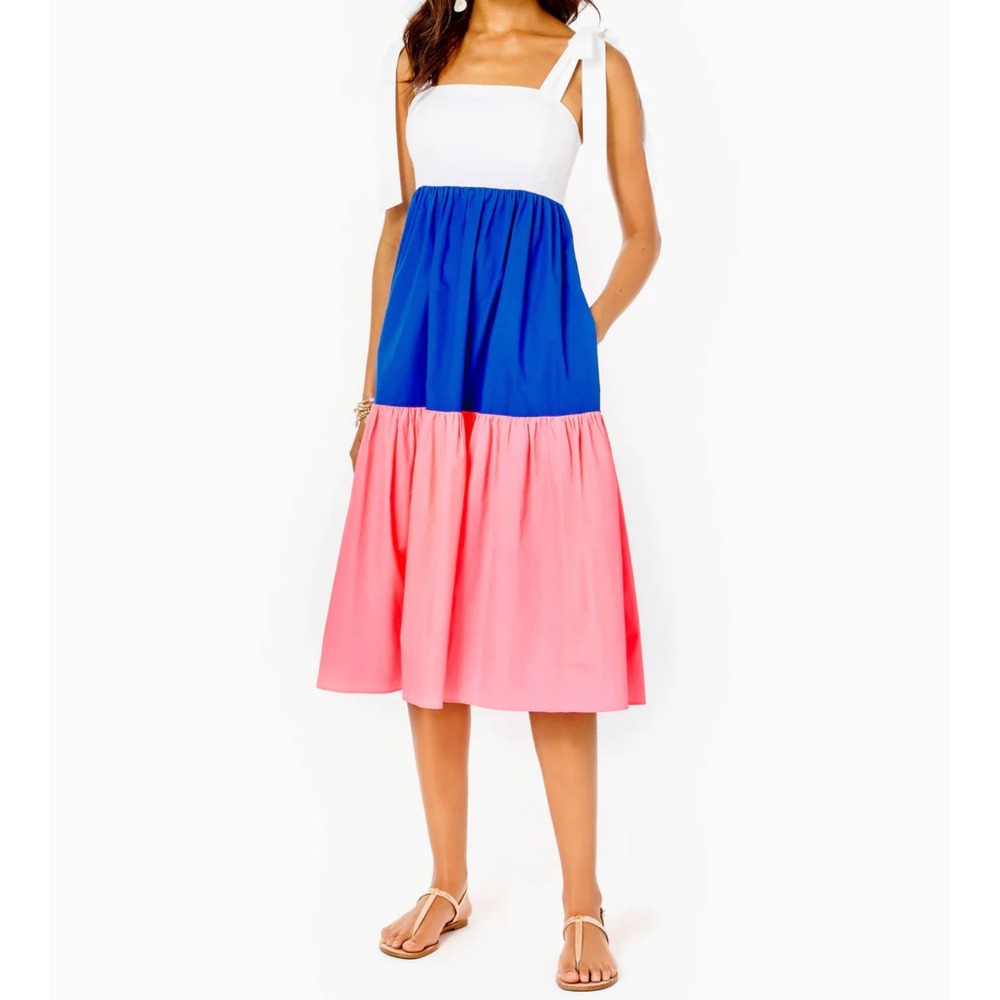 Lilly Pulitzer Anlee Cotton Poplin Midi Dress Colorblock‎ Tiered Smocked Tie 10